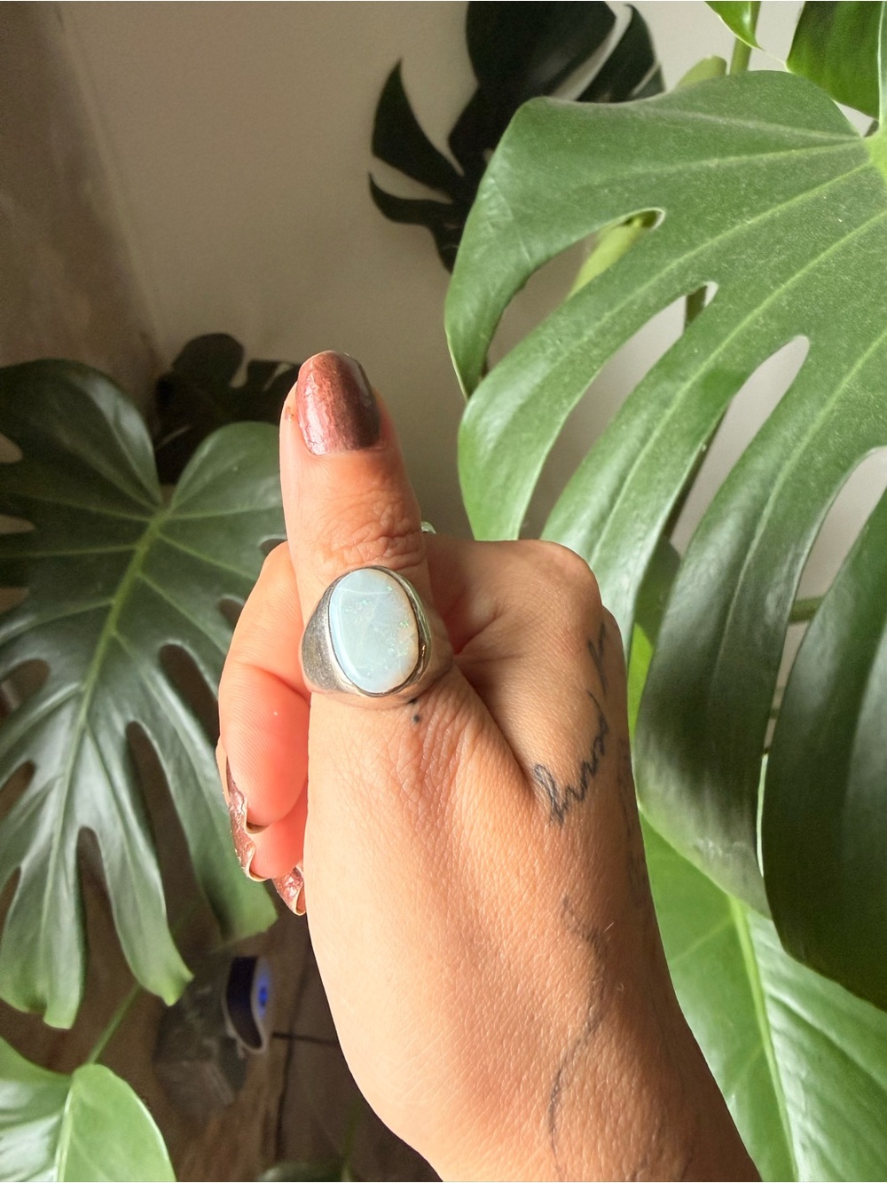 Vintage Sterling Silver Opal Signet Ring - White Opal size 8.5